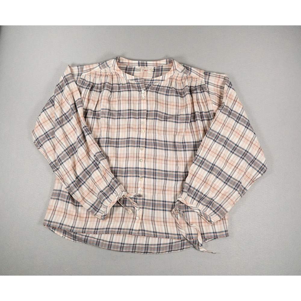 Faherty Womens Plaid Button Front Blouse XL Smocked Shoulder Tie Cuff Cotton